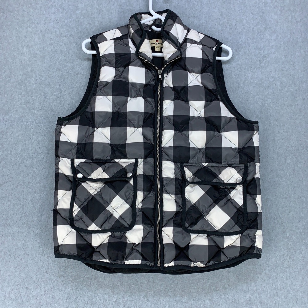 Woolrich Puffer Vest Women XL Black White Buffalo Plaid Down Fill HLJ0116S